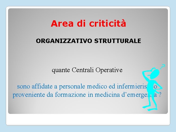 Area di criticità ORGANIZZATIVO STRUTTURALE quante Centrali Operative sono affidate a personale medico ed