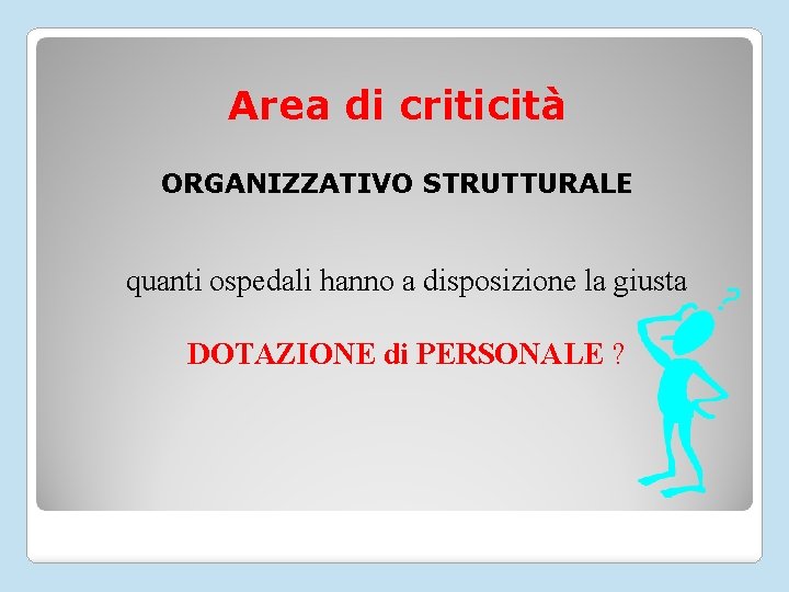 Area di criticità ORGANIZZATIVO STRUTTURALE quanti ospedali hanno a disposizione la giusta DOTAZIONE di