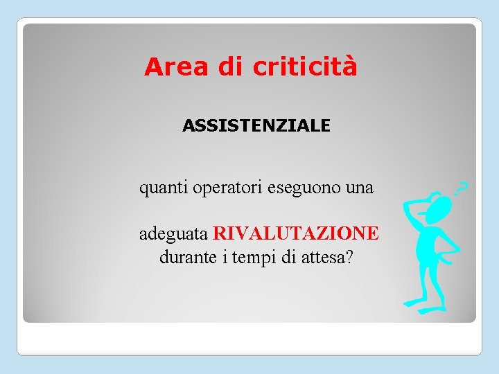 Area di criticità ASSISTENZIALE quanti operatori eseguono una adeguata RIVALUTAZIONE durante i tempi di