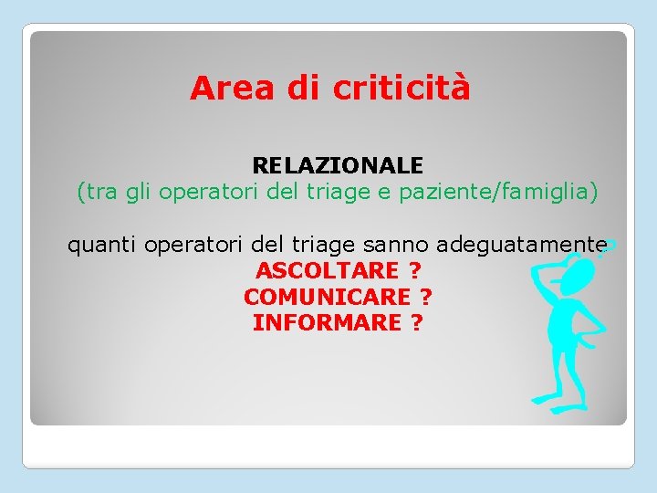 Area di criticità RELAZIONALE (tra gli operatori del triage e paziente/famiglia) quanti operatori del