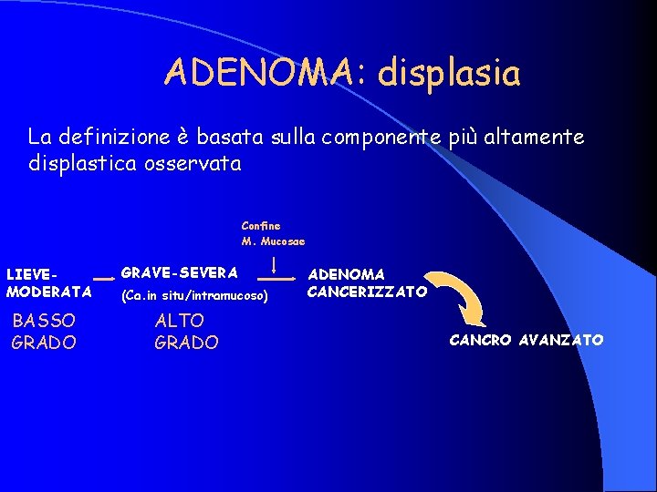 ADENOMA: displasia La definizione è basata sulla componente più altamente displastica osservata Confine M.