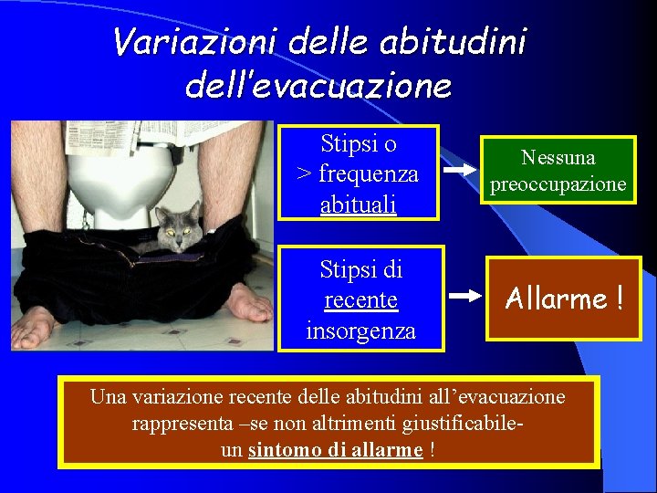 Variazioni delle abitudini dell’evacuazione Stipsi o > frequenza abituali Nessuna preoccupazione Stipsi di recente