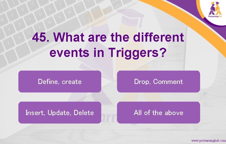 45. What are the different events in Triggers? Define, create Drop, Comment Insert, Update,