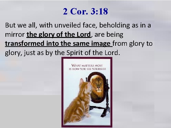 2 Cor. 3: 18 But we all, with unveiled face, beholding as in a