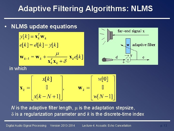 Adaptive Filtering Algorithms: NLMS • NLMS update equations in which N is the adaptive