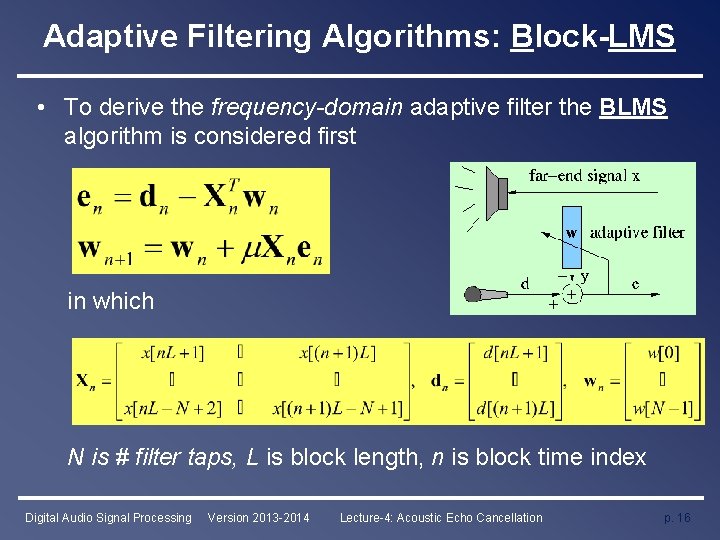 Adaptive Filtering Algorithms: Block-LMS • To derive the frequency-domain adaptive filter the BLMS algorithm