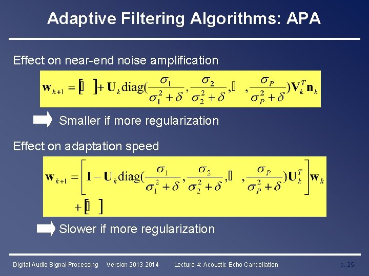 Adaptive Filtering Algorithms: APA Effect on near-end noise amplification Smaller if more regularization Effect