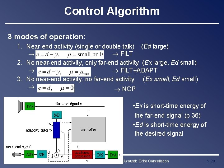 Control Algorithm 3 modes of operation: 1. Near-end activity (single or double talk) (Ed