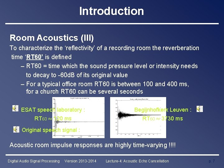 Introduction Room Acoustics (III) To characterize the ‘reflectivity’ of a recording room the reverberation