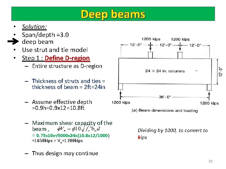 Deep beams • Solution: • Span/depth =3. 0 deep beam • Use strut and