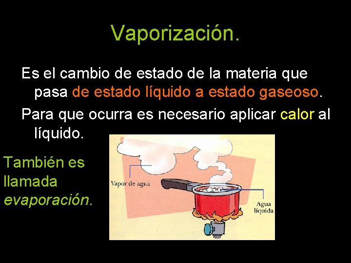 Vaporización. Es el cambio de estado de la materia que pasa de estado líquido