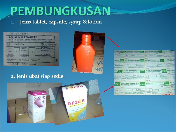 PEMBUNGKUSAN 1. Jenis tablet, capsule, syrup & lotion 2. Jenis ubat siap sedia. 