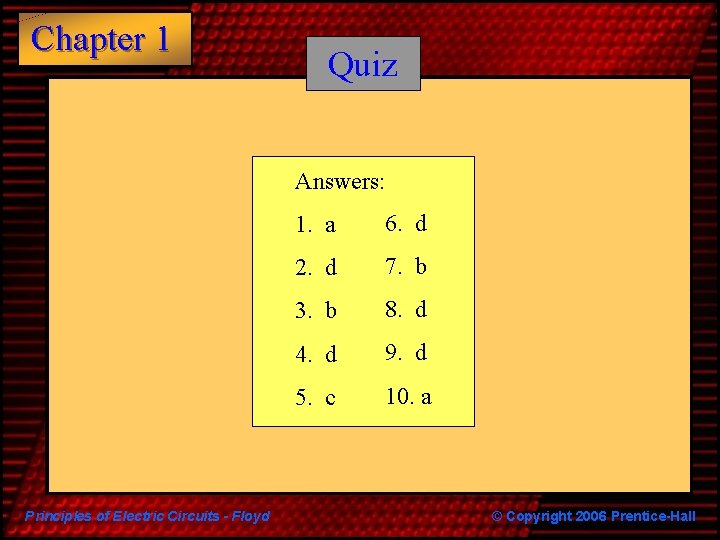 Chapter 1 Quiz Answers: Principles of Electric Circuits - Floyd 1. a 6. d Chapter 1 Quiz Answers: Principles of Electric Circuits - Floyd 1. a 6. d