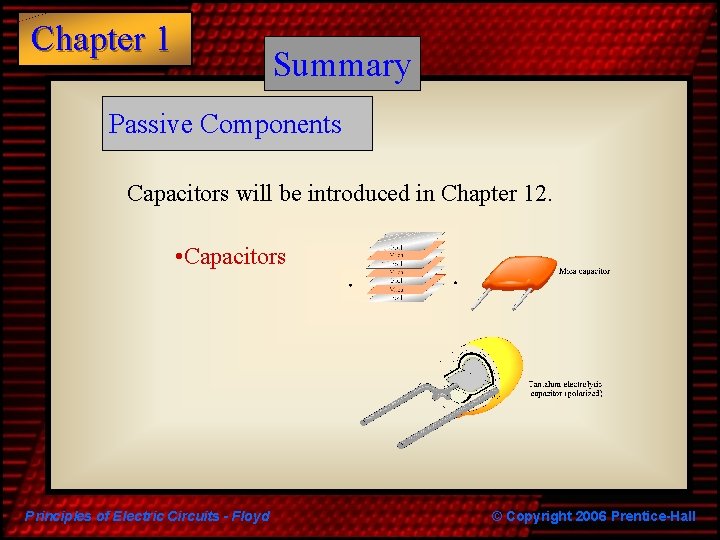 Chapter 1 Summary Passive Components Capacitors will be introduced in Chapter 12. • Capacitors Chapter 1 Summary Passive Components Capacitors will be introduced in Chapter 12. • Capacitors