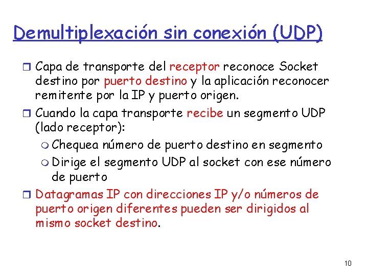 Demultiplexación sin conexión (UDP) Capa de transporte del receptor reconoce Socket destino por puerto