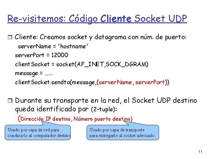 Re-visitemos: Código Cliente Socket UDP Cliente: Creamos socket y datagrama con núm. de puerto: