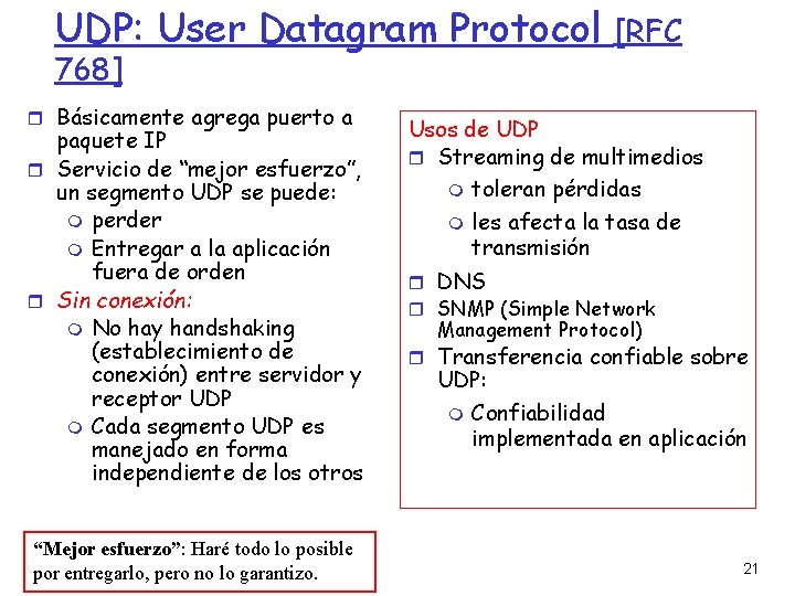 UDP: User Datagram Protocol 768] Básicamente agrega puerto a paquete IP Servicio de “mejor