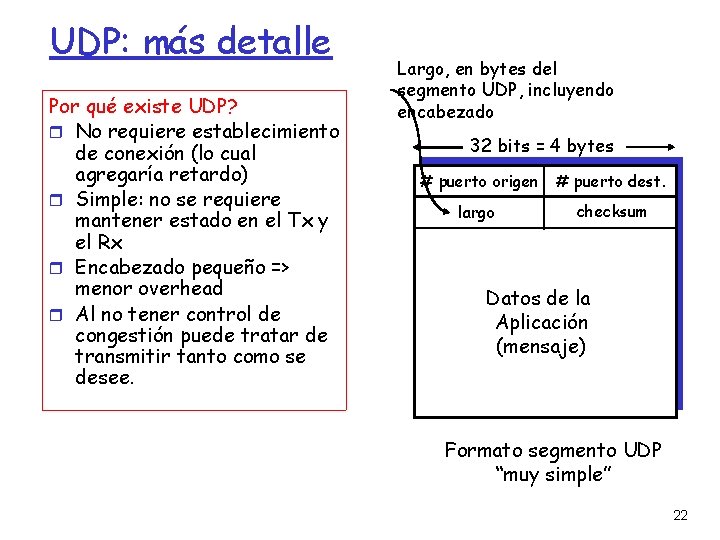 UDP: más detalle Por qué existe UDP? No requiere establecimiento de conexión (lo cual