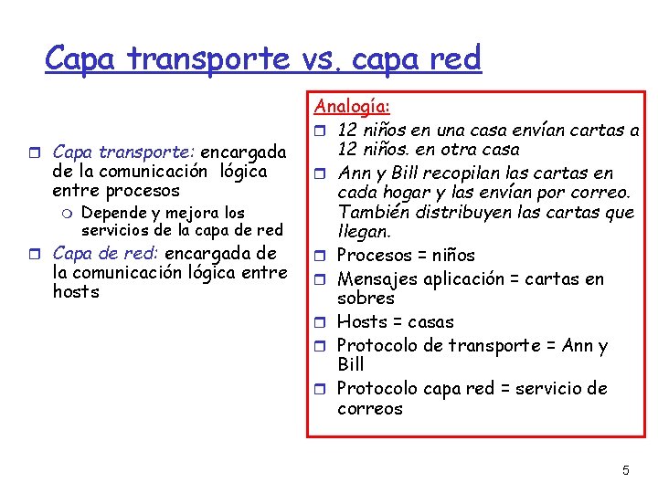 Capa transporte vs. capa red Capa transporte: encargada de la comunicación lógica entre procesos