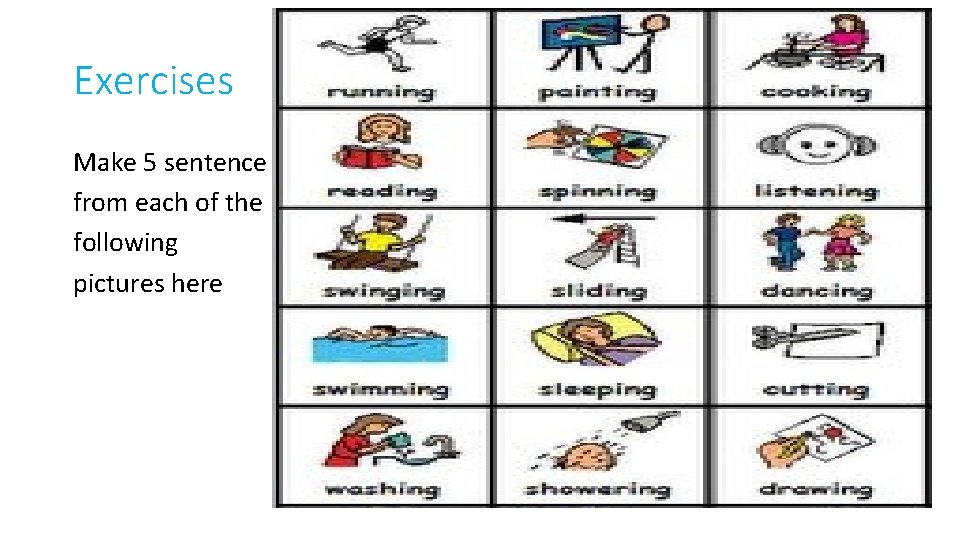 Exercises Make 5 sentence from each of the following pictures here Exercises Make 5 sentence from each of the following pictures here