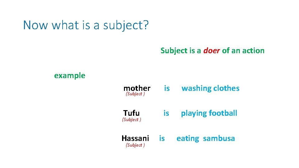 Now what is a subject? Subject is a doer of an action example mother Now what is a subject? Subject is a doer of an action example mother