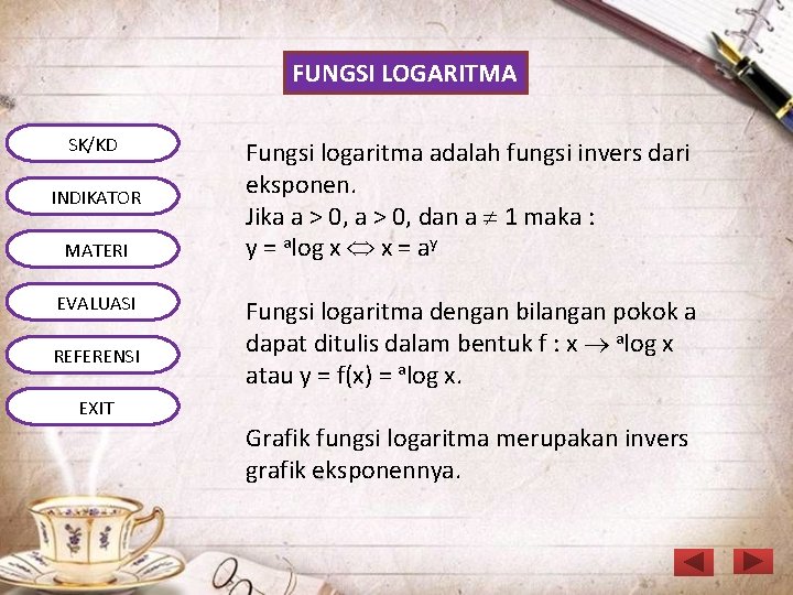 FUNGSI LOGARITMA SK/KD INDIKATOR MATERI EVALUASI REFERENSI Fungsi logaritma adalah fungsi invers dari eksponen.