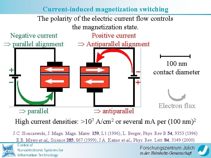Current-induced magnetization switching The polarity of the electric current flow controls the magnetization state.