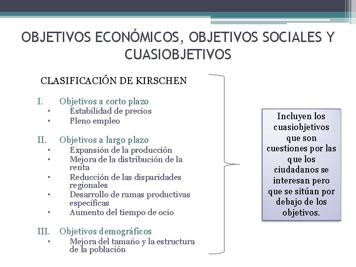 OBJETIVOS ECONÓMICOS, OBJETIVOS SOCIALES Y CUASIOBJETIVOS CLASIFICACIÓN DE KIRSCHEN I. II. • • Objetivos