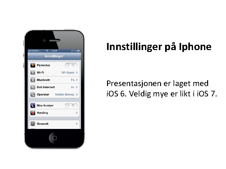 Innstillinger på Iphone Presentasjonen er laget med i. OS 6. Veldig mye er likt