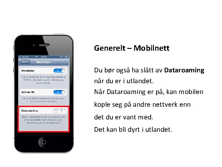 Generelt – Mobilnett Du bør også ha slått av Dataroaming når du er i