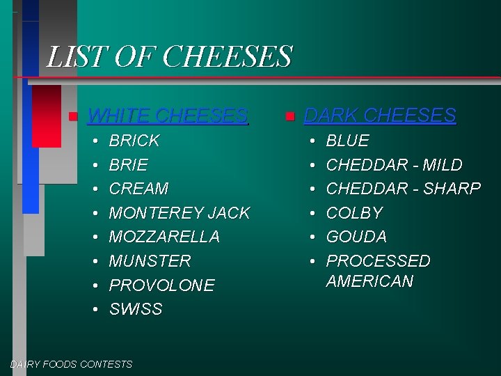 LIST OF CHEESES n WHITE CHEESES • • BRICK BRIE CREAM MONTEREY JACK MOZZARELLA