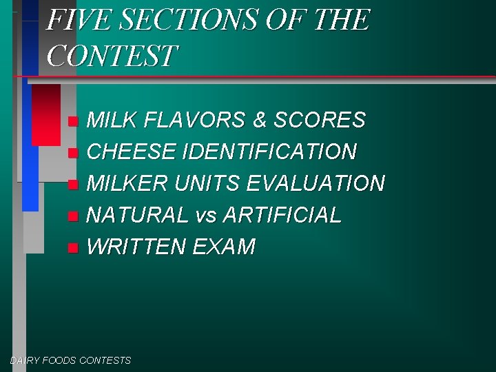 FIVE SECTIONS OF THE CONTEST MILK FLAVORS & SCORES n CHEESE IDENTIFICATION n MILKER