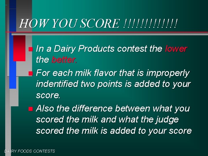HOW YOU SCORE !!!!!!! In a Dairy Products contest the lower the better. n