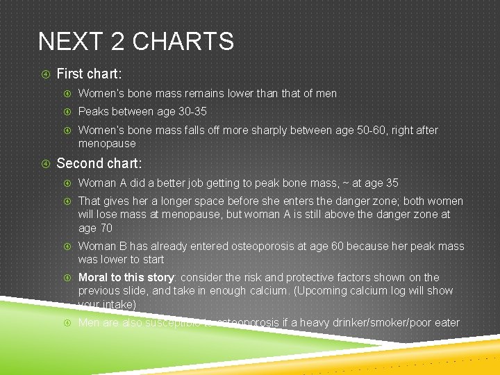 NEXT 2 CHARTS First chart: Women’s bone mass remains lower than that of men