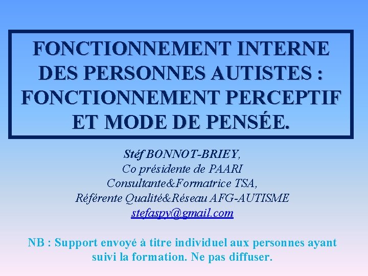 FONCTIONNEMENT INTERNE DES PERSONNES AUTISTES : FONCTIONNEMENT PERCEPTIF ET MODE DE PENSÉE. Stéf BONNOT-BRIEY, FONCTIONNEMENT INTERNE DES PERSONNES AUTISTES : FONCTIONNEMENT PERCEPTIF ET MODE DE PENSÉE. Stéf BONNOT-BRIEY,
