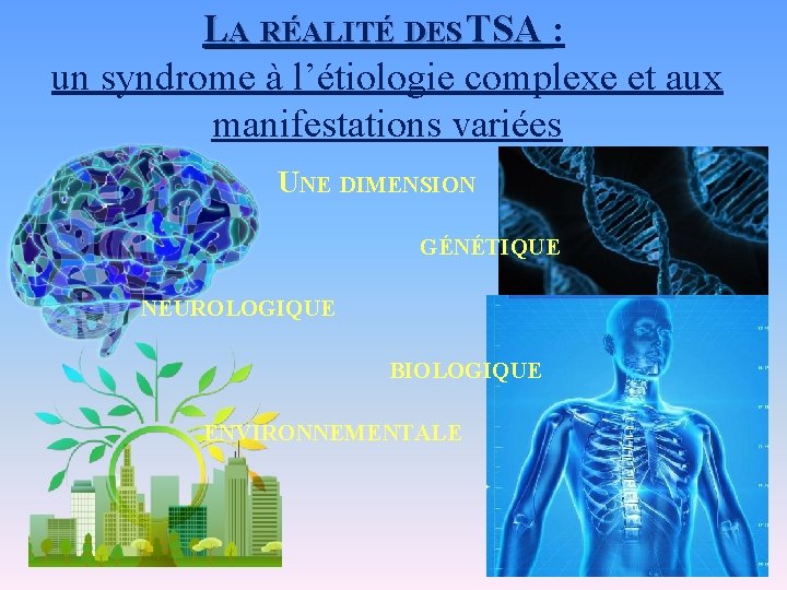 LA RÉALITÉ DES TSA : un syndrome à l’étiologie complexe et aux manifestations variées LA RÉALITÉ DES TSA : un syndrome à l’étiologie complexe et aux manifestations variées