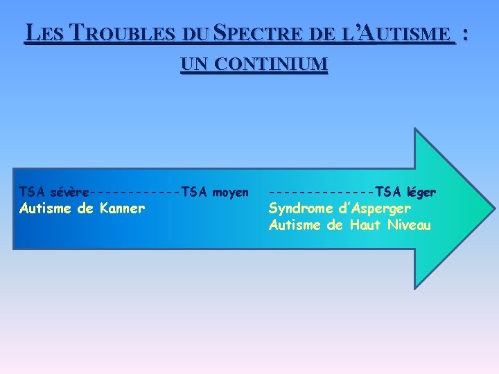 LES TROUBLES DU SPECTRE DE L’AUTISME : UN CONTINIUM TSA sévère------TSA moyen Autisme de