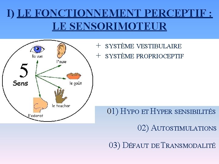 I) LE FONCTIONNEMENT PERCEPTIF : LE SENSORIMOTEUR + SYSTÈME VESTIBULAIRE + SYSTÈME PROPRIOCEPTIF 01)