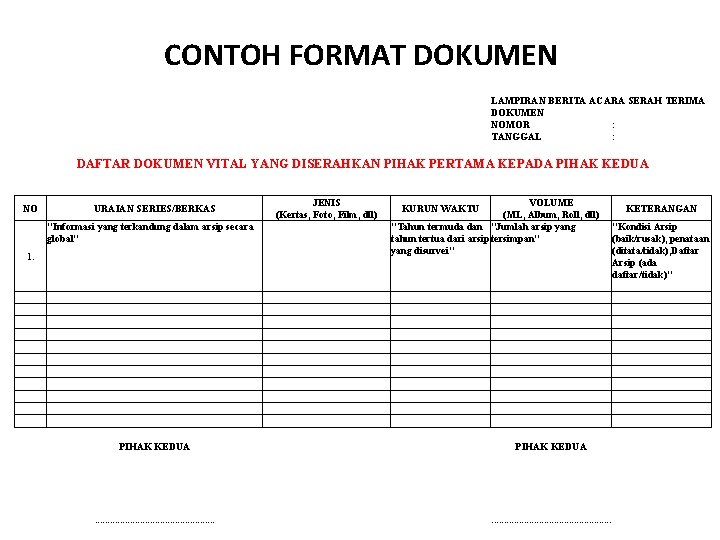 CONTOH FORMAT DOKUMEN LAMPIRAN BERITA ACARA SERAH TERIMA DOKUMEN NOMOR : TANGGAL : DAFTAR CONTOH FORMAT DOKUMEN LAMPIRAN BERITA ACARA SERAH TERIMA DOKUMEN NOMOR : TANGGAL : DAFTAR