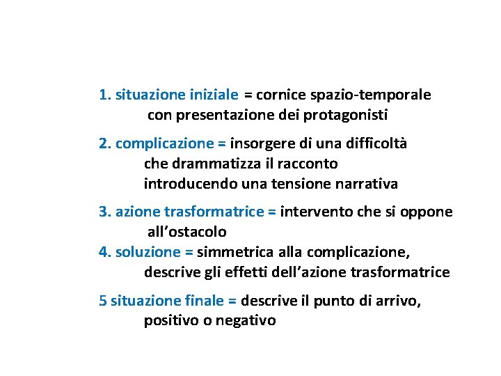 1. situazione iniziale = cornice spazio-temporale con presentazione dei protagonisti 2. complicazione = insorgere