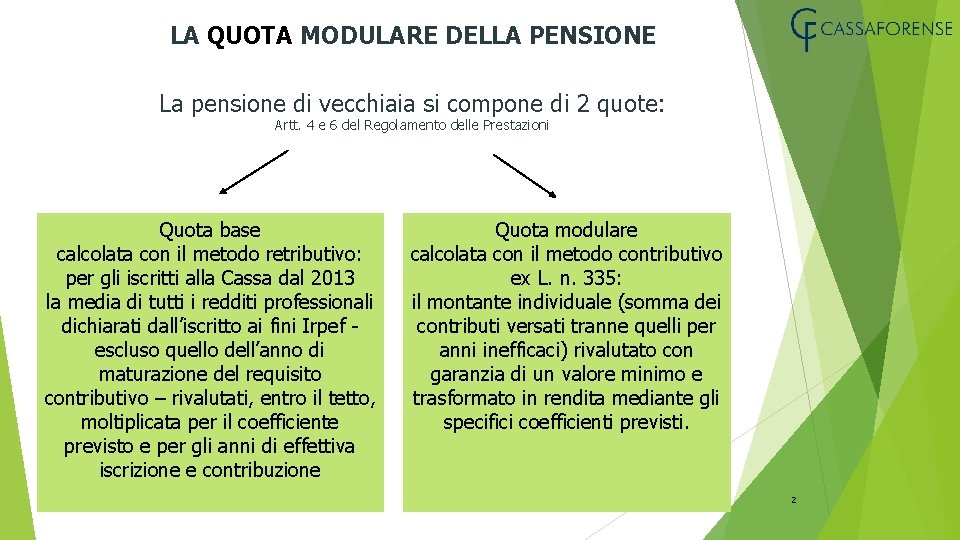 LA QUOTA MODULARE DELLA PENSIONE La pensione di vecchiaia si compone di 2 quote: