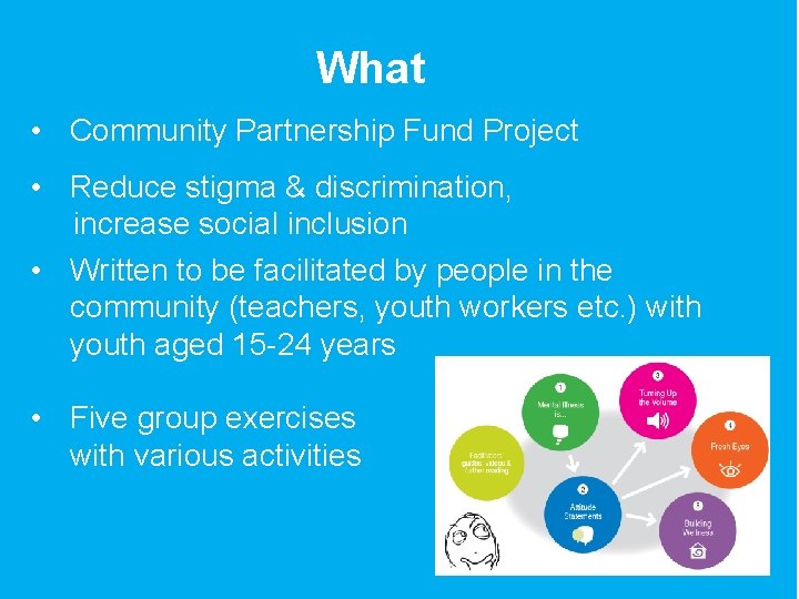 What • Community Partnership Fund Project • Reduce stigma & discrimination, increase social inclusion