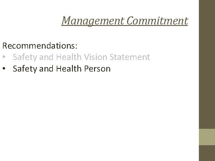 Management Commitment Recommendations: • Safety and Health Vision Statement • Safety and Health Person