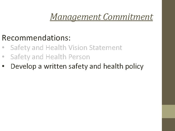 Management Commitment Recommendations: • Safety and Health Vision Statement • Safety and Health Person