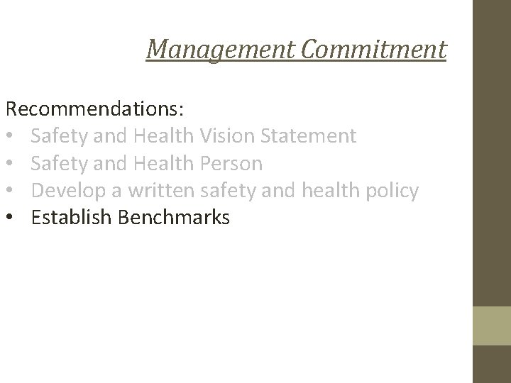 Management Commitment Recommendations: • Safety and Health Vision Statement • Safety and Health Person