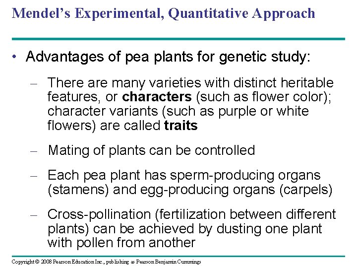 Mendel’s Experimental, Quantitative Approach • Advantages of pea plants for genetic study: – There