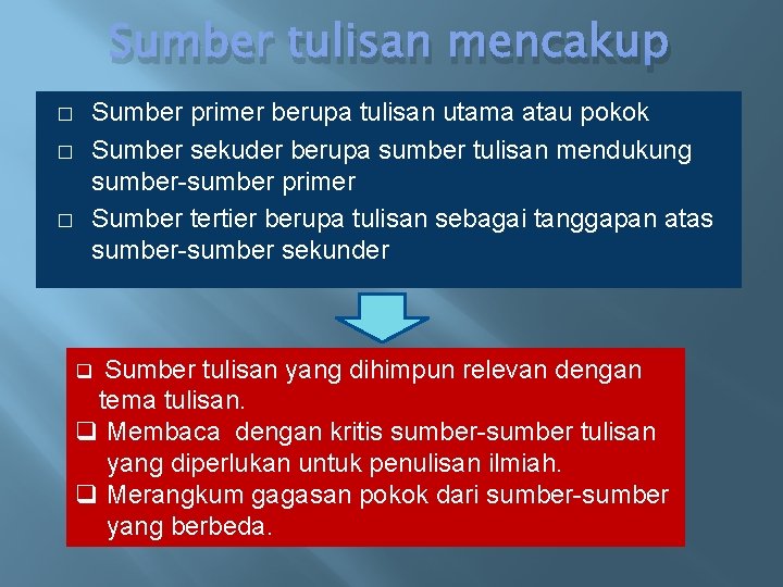Sumber tulisan mencakup � � � Sumber primer berupa tulisan utama atau pokok Sumber