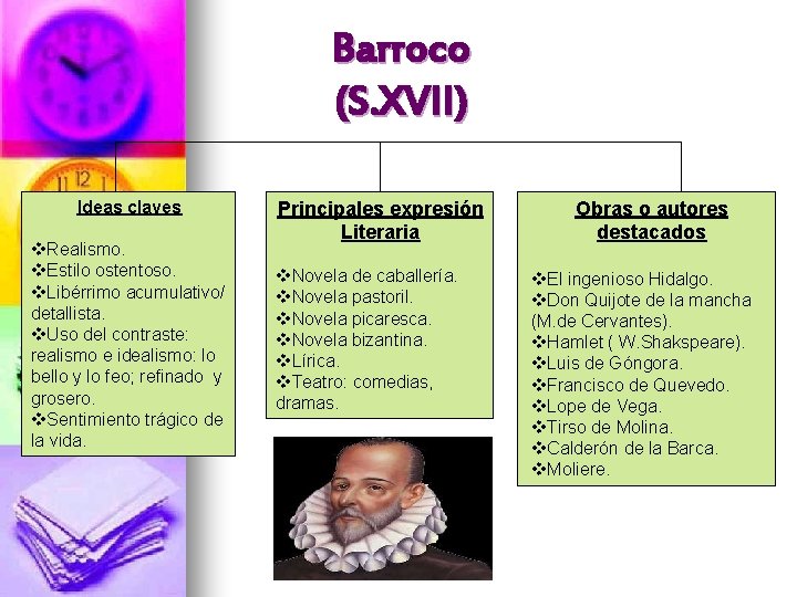 Barroco (S. XVII) Ideas claves v. Realismo. v. Estilo ostentoso. v. Libérrimo acumulativo/ detallista.