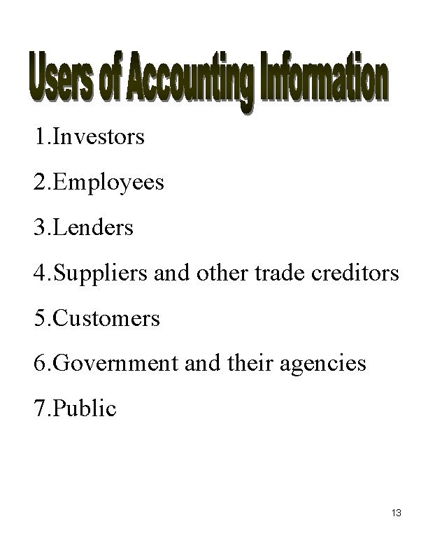 1. Investors 2. Employees 3. Lenders 4. Suppliers and other trade creditors 5. Customers