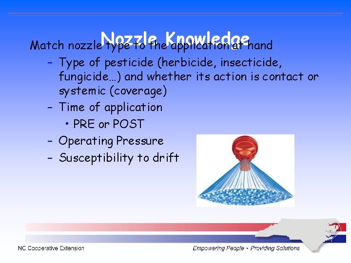 Match nozzle. Nozzle type to the. Knowledge application at hand – Type of pesticide Match nozzle. Nozzle type to the. Knowledge application at hand – Type of pesticide